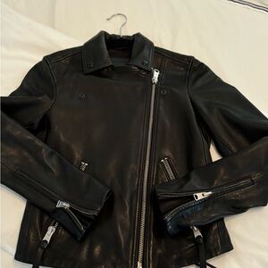 All Saints Black Leather Bomber Jacket with zippers